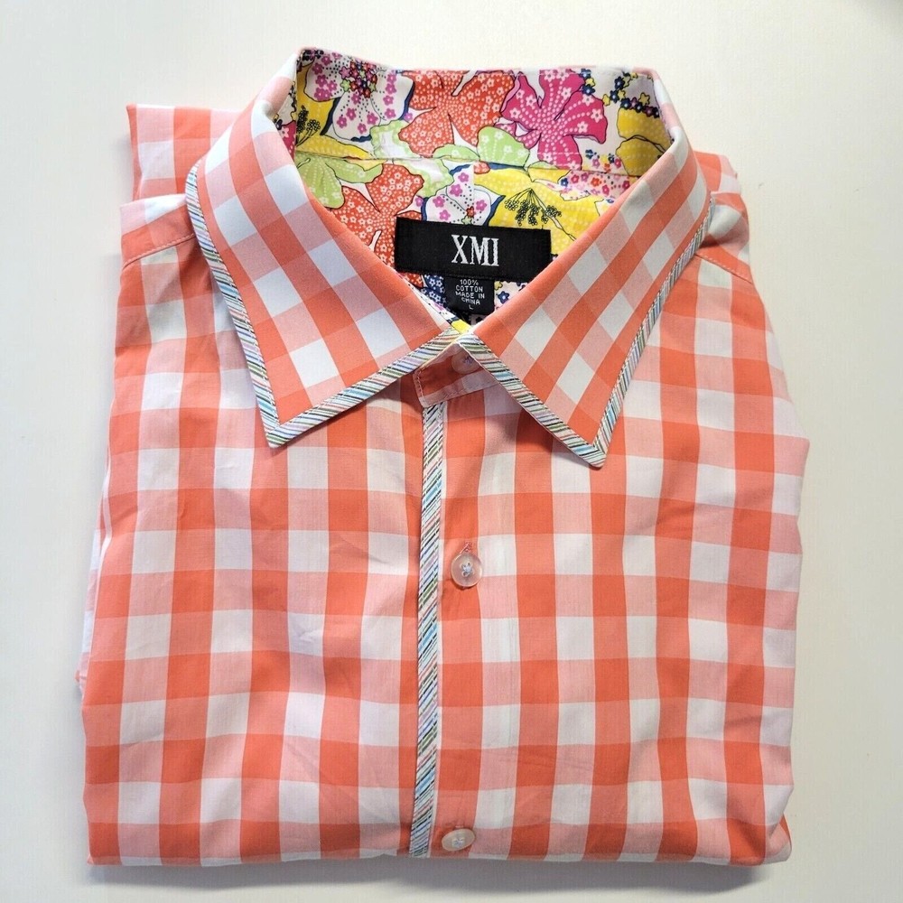 XMI Men's Shirt Size Large Button Front Flip Cuff Floral Flowers Gingham Plaid